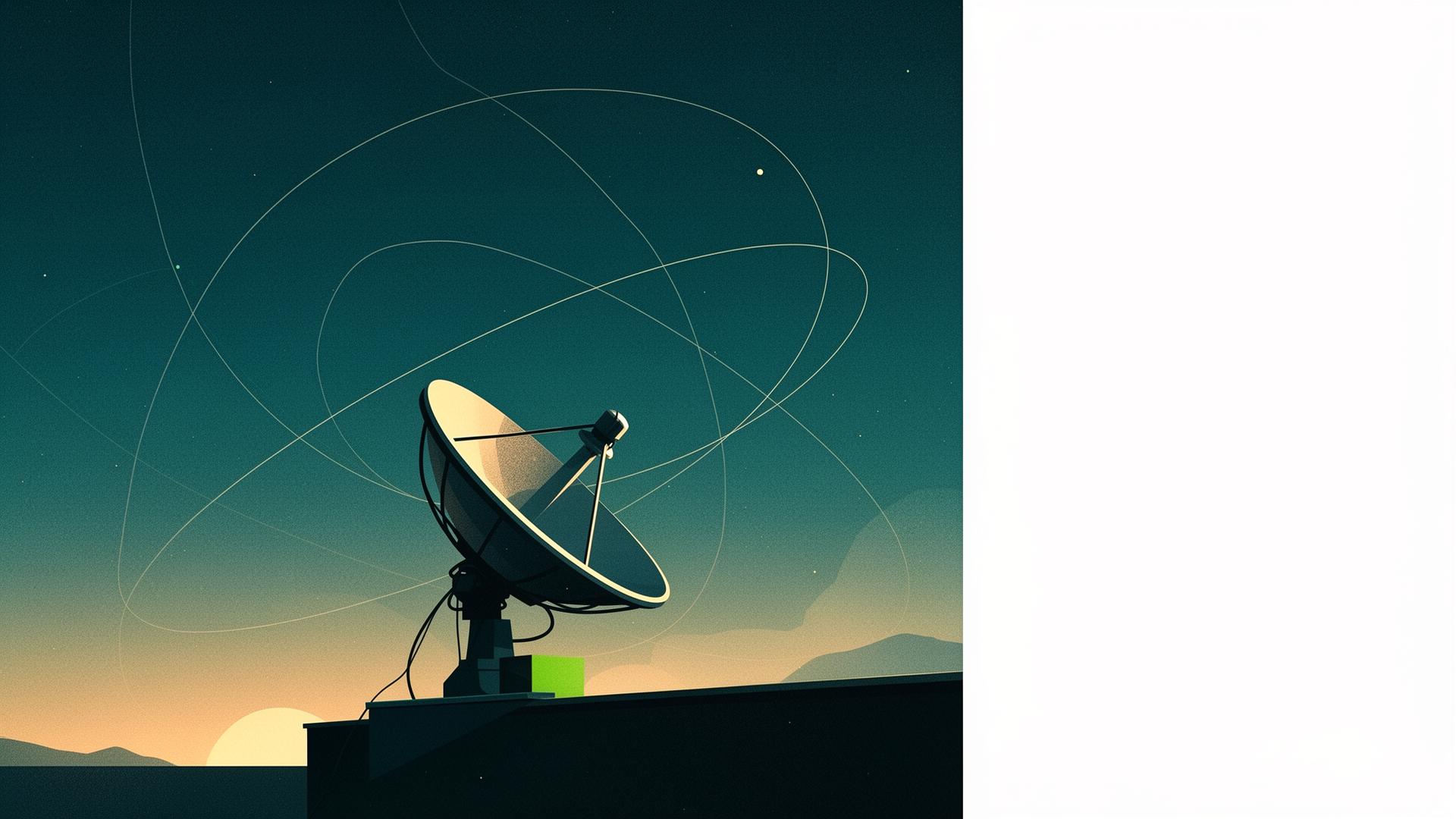Satellite dish under an orbit-traced sky